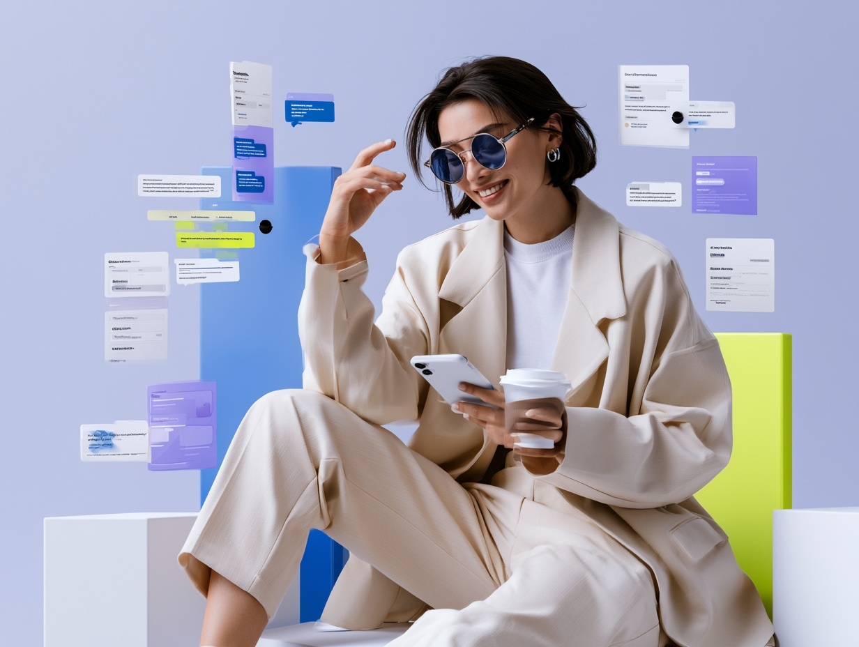 A stylish operator checking messages beside floating workflow cards